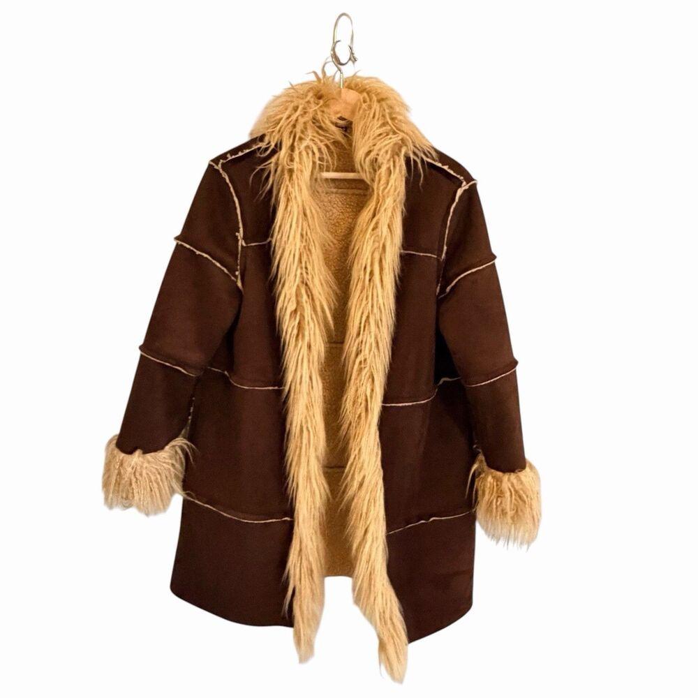 Y2K Faux Suede Penny Lane Coat Size M Faux Fur Trim Phoebe Buffay Boho Hippie